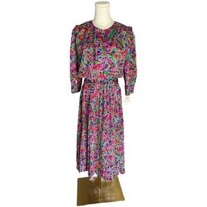Vintage 80s DBY II Floral Midi Dress Bold Abstract Puff Sleeve Retro 10
